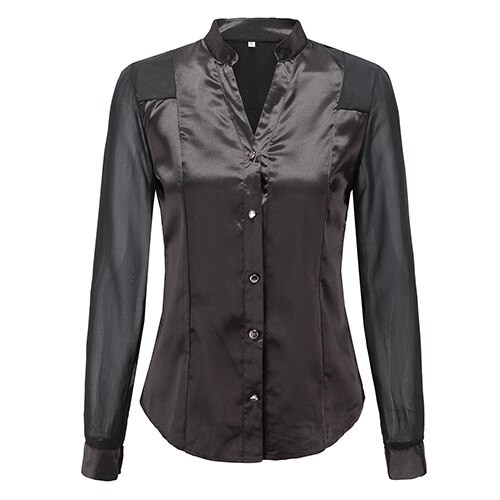 Moda Jihan Vrouwen Blouses Wit Zwart Lange mouw Chiffon Splice Satijn Office Tops Slanke Stijl V-hals Vrouwelijke: Black / S