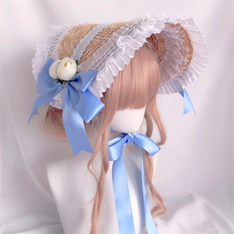 Chapeau de paille Lolita pastorale, fait à la main, doux, dentelle à volants, ruban de coupe, , fête de thé, Cosplay Floral, béret Lolita