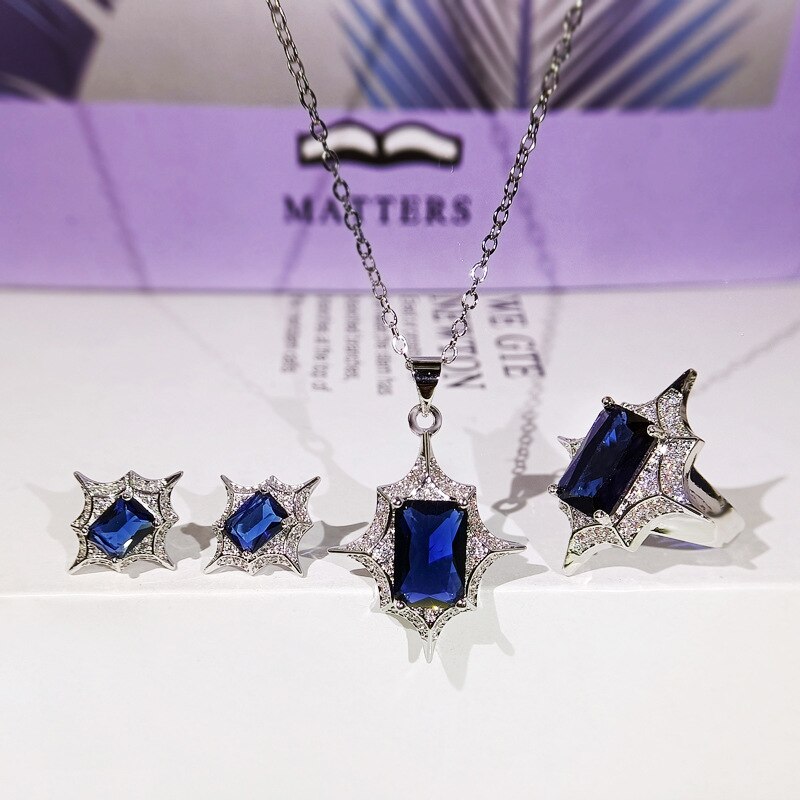 Silber Farbe Zirkon Stein Schmuck einstellen Jahrgang Geometrische Hochzeit Schmuck setzt für Frauen Ring + Ohrring + Halskette