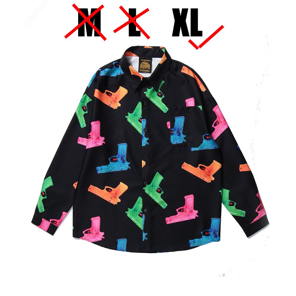 Lindsey asetus vintage leluaseet print pitkähihaiset mekkopaidat harajuku casual napit paita katuvaatteet hip hop miesten topit: Musta / Xl
