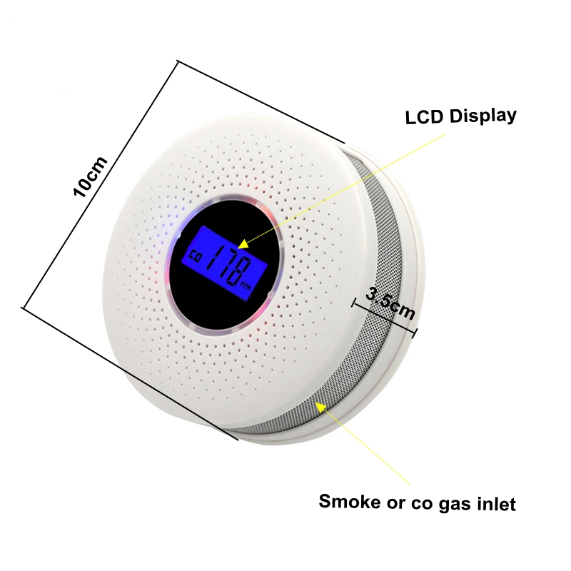 LCD Display 2 in 1 Carbon Monoxide & Smoke Combo Detector Battery Operated CO Alarm with LED Light Flashing Sound Warning