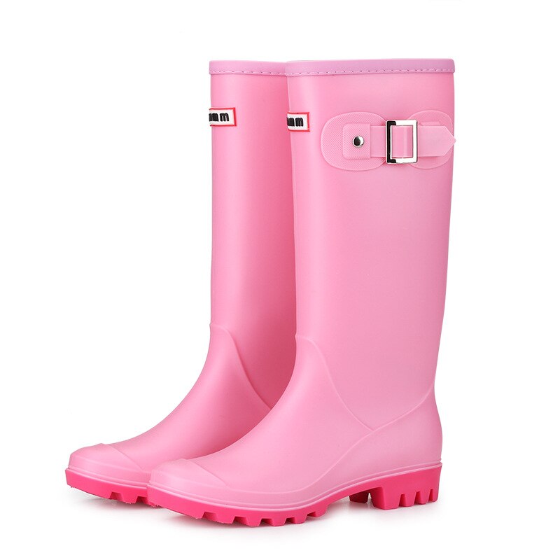 Nuevas Botas de lluvia de goma impermeables de PVC para trabajo hasta la rodilla Botas de lluvia planas antideslizantes de goma zapatos de día de lluvia Botas de lluvia de: Rosa / 6