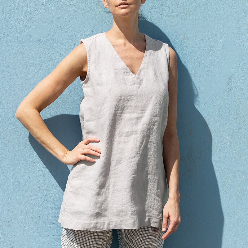 Débardeur sans manches en lin à col en v pour femme, haut Long décontracté, ample, couleur unie, grande taille, été,