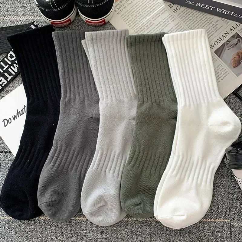 1/5 pares de Calcetines gruesos de algodón para hombre, Calcetines largos de felpa con parte inferior sólida, Calcetines deportivos blancos y negros, Calcetines informales transpirables para hombre