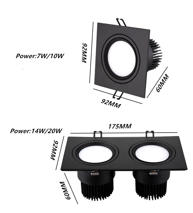 Glossy Square Recessed White Black LED Ceiling Light Dimmable LED COB7W 10W 14W 20W Decor AC85-265V