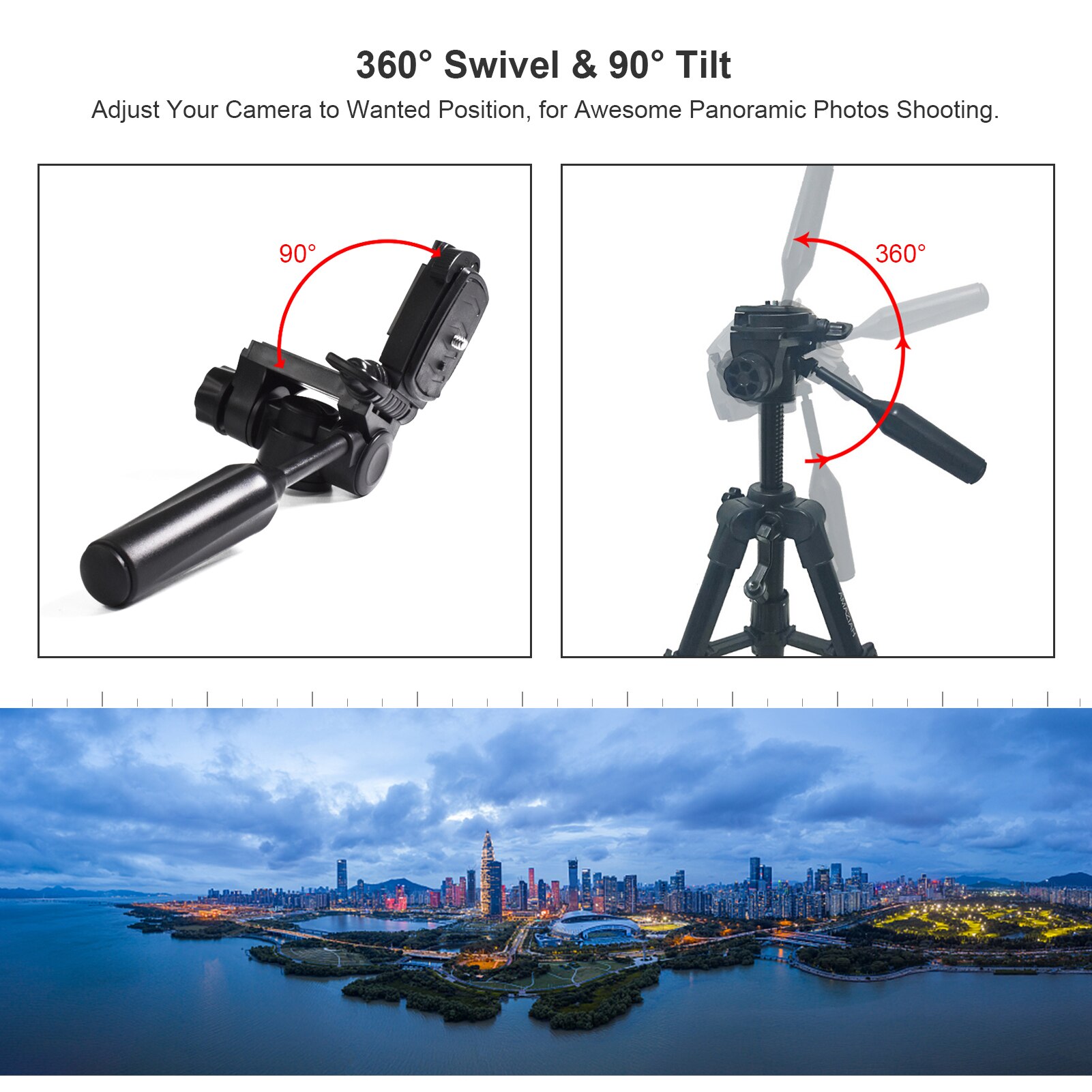 Tripod Head 360 Degrees Swivel 90 Degrees Tilt Tripod Head Mount 3/8In Thread 1/4In Screw for Camera Tripod Monopod 5kg Payload