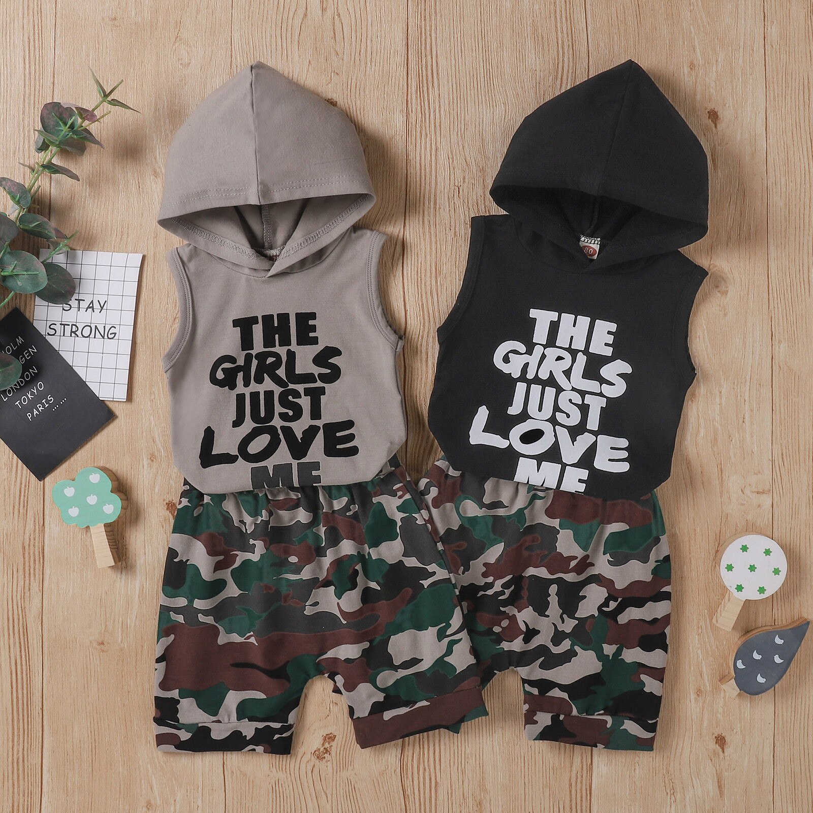 40# Toddler Baby Kids Boys Clothes Short Sleeve Letter Positioning Print Hooded Top + Camouflage Pants Baby Boy Clothes Set