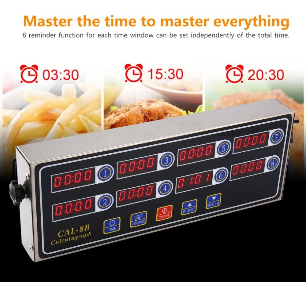 Loud Alarm System 8 Channel Digital Cooking Kitchen Timer Stainless Steel Housing Waterproof for Burger Bakery Pizza