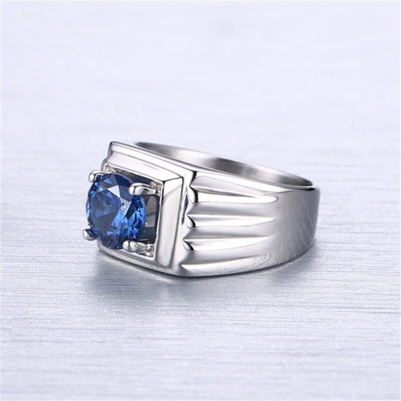 FDLK Retro 316L Stainless Steel + Zinc Alloy Blue Crystal Ring Mens Wedding Party Ring