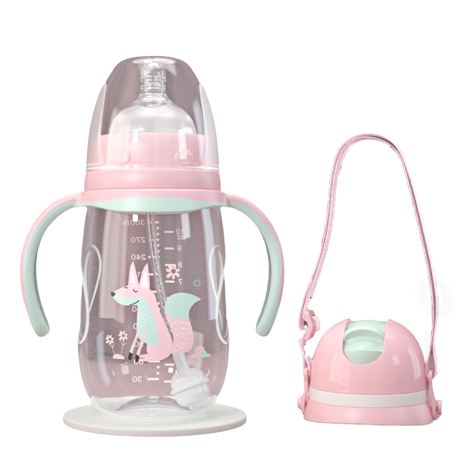 240ml/300ml Infant -proof Baby Wide-caliber Milk Bottle with Straw Handle Cute baby bottles with cartoon designs with Straw: Pink 300ml
