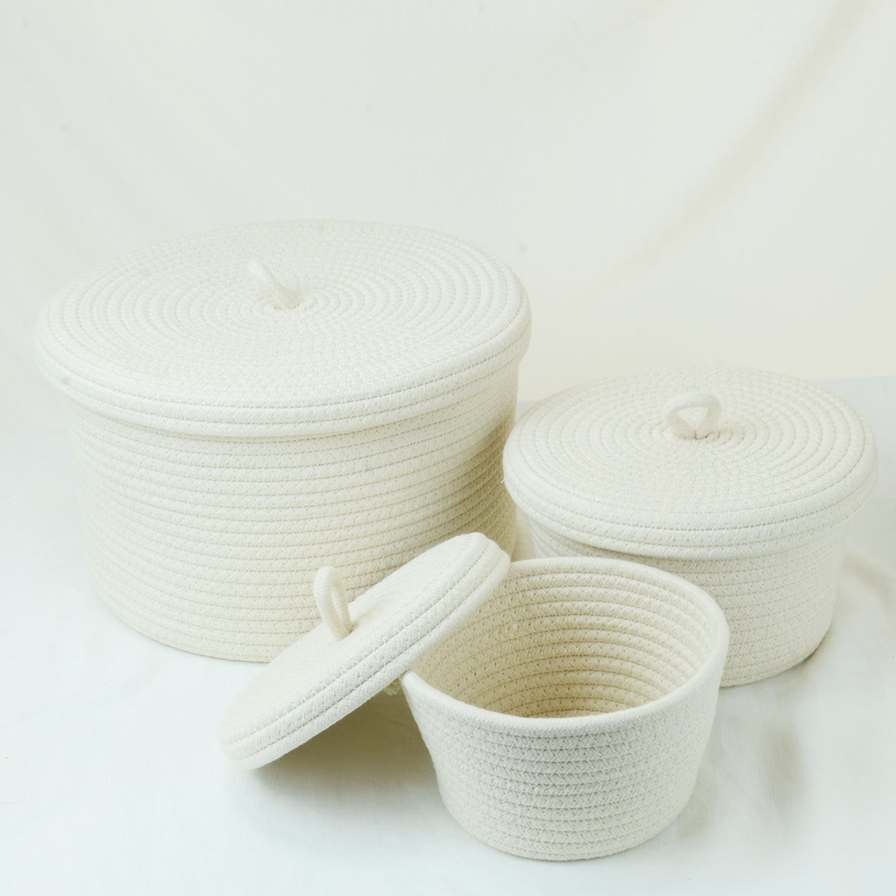Students Cosmetics Snacks Round Cotton Rope Storage Basket Finishing Basket Storage Basket with Lid Dust-proof Storage Box: M / Blue