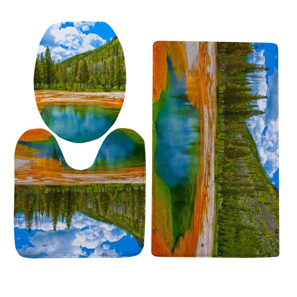 Cloocl Wc Cover Set Yellowstone Park Natuurlijke Landschap 3D Flanel Drie Stuk Wc U-Vormige Tapijt Absorberende tapijt: Three Piece Set 3 / 40cmX60cm