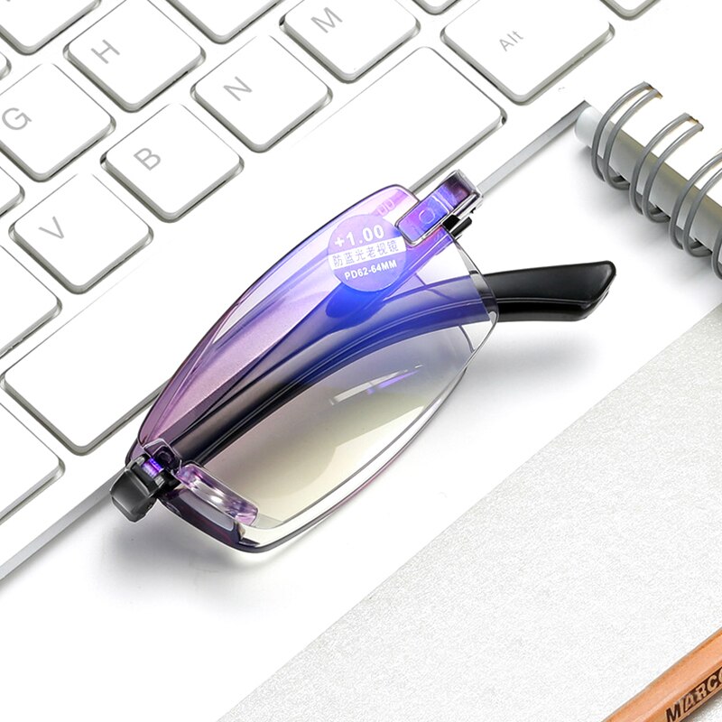 Smart zoom glasses folding diamond cut edge anti-blue reading glasses male frameless TR90 reading glasses portable box