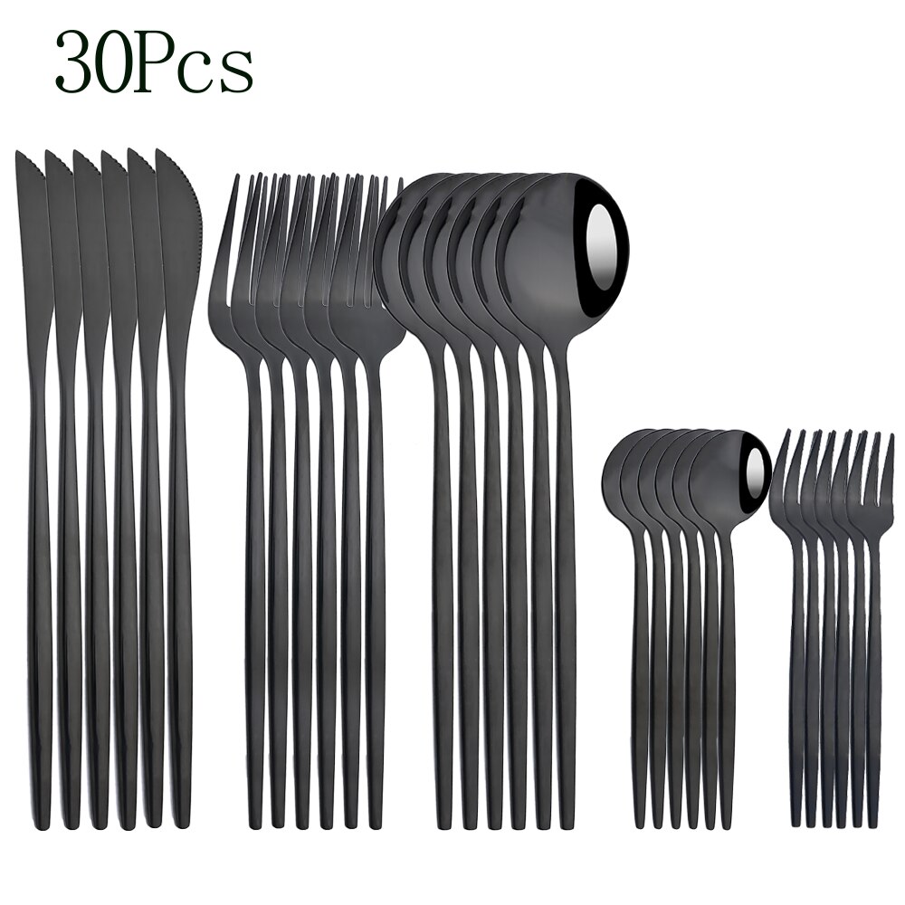 24pcs Cutlery Set Blue Silver Dinnerware Set Stainless Steel Silverware Knife Fork Spoon Tableware Flatware Set Dishwasher Safe: Black
