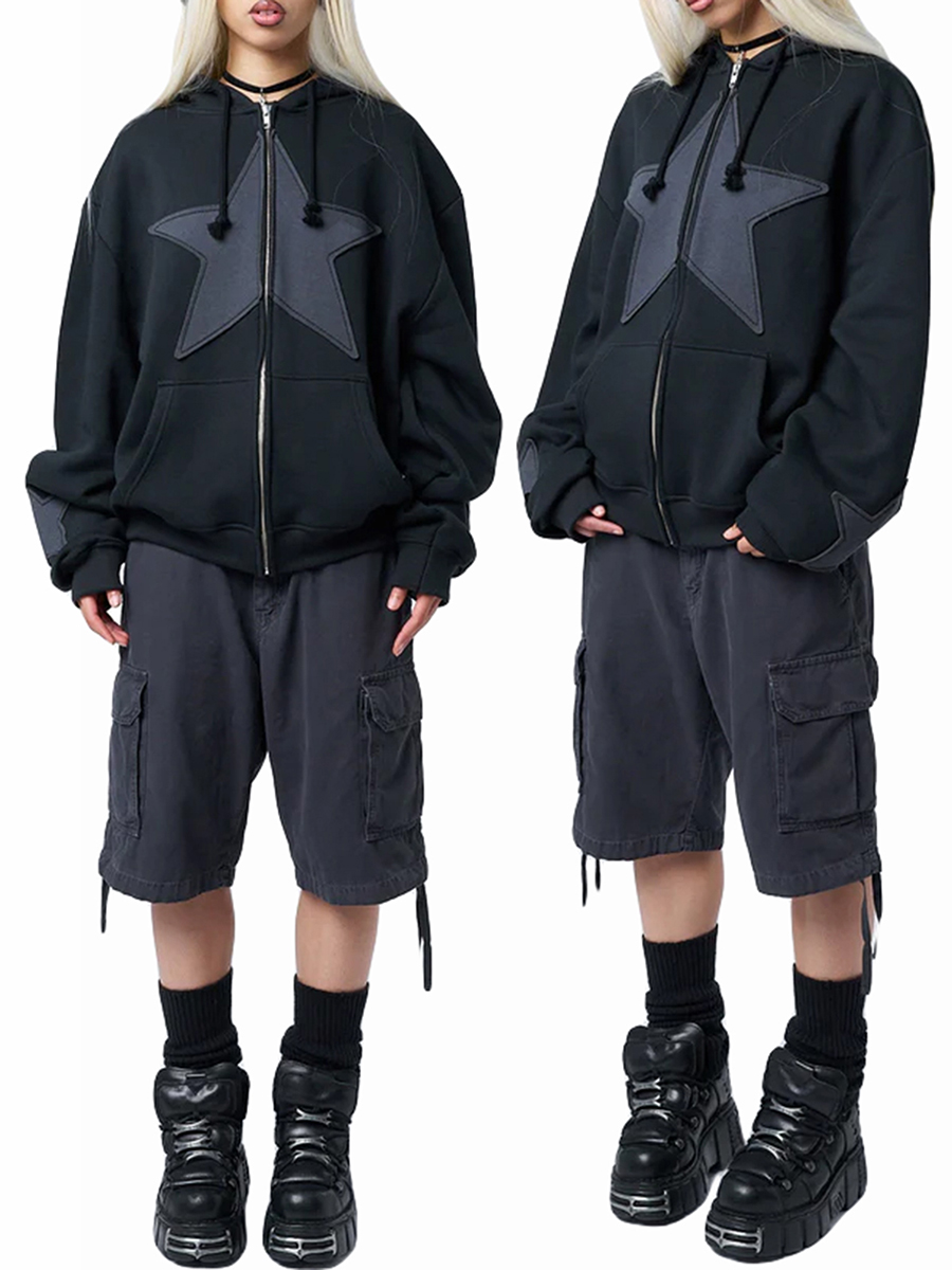 Y2K-Sudadera con capucha con estampado de estrellas Vintage para mujer, sudaderas informales holgadas de manga larga con cremallera y cordón, abrigo de calle para otoño y primavera: XL / Negro