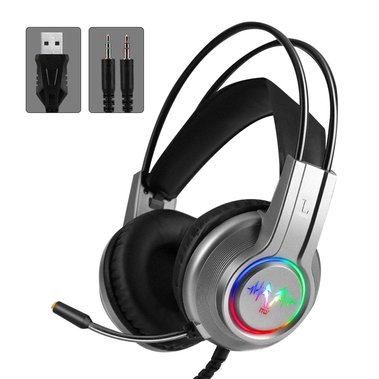 Surround Sound Ergonomic LED RGB Light For Laptop ABS Stereo Noise Canceling Gaming Headset Wired USB Interface Universal: SilverDouble3.5MMUSB