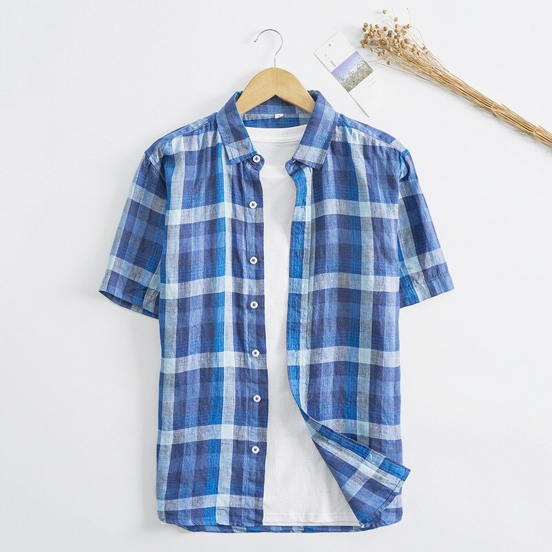 Männer Sommer Hemden 100% Flachs Plaid lässig Herren Kurzarm T Shirt Herren Kleidung Herbst Männlichen oben leinen Hemd