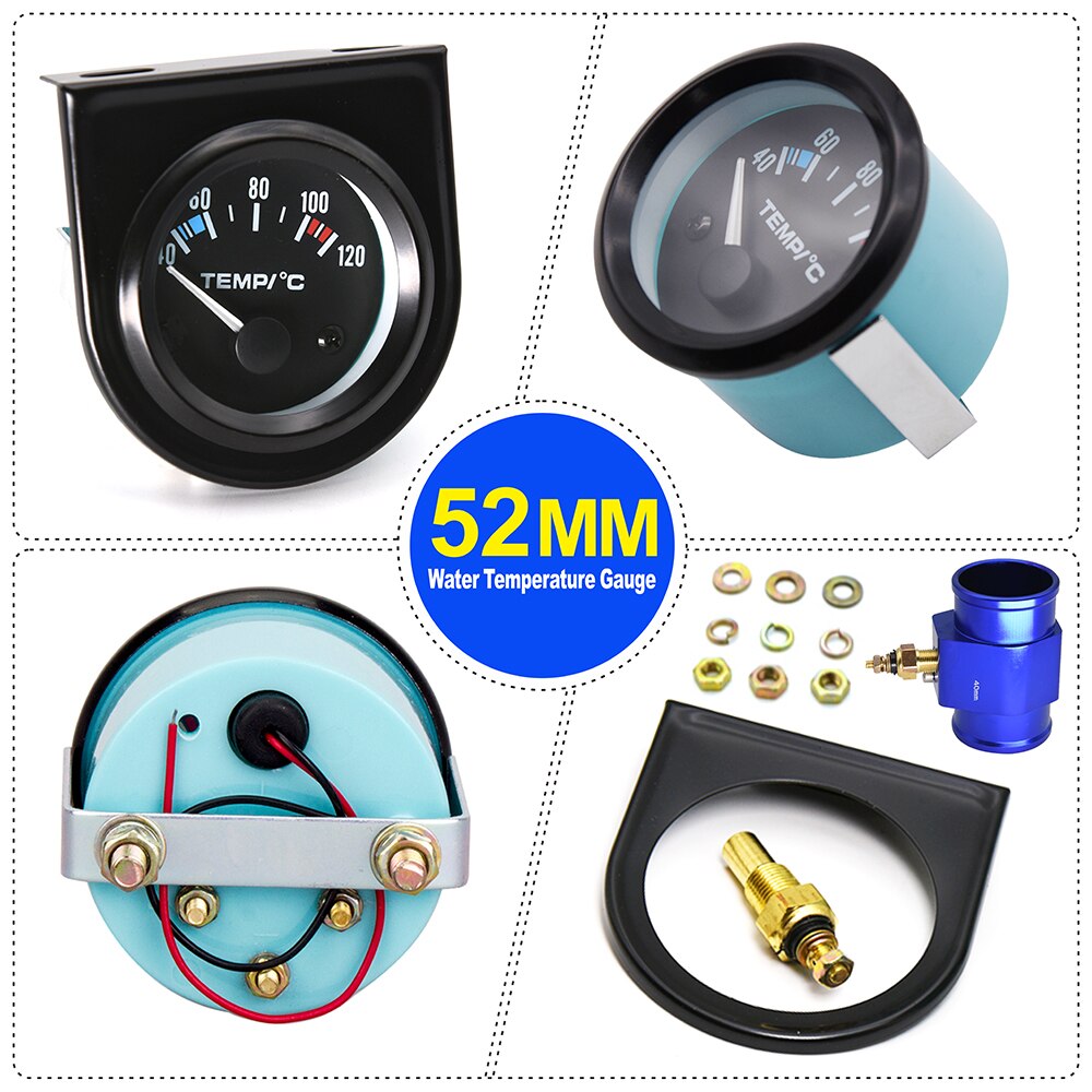 Car Gauge 52mm Water Temp Gauge + water temperature sensor 40~120 Celsius Centigrade Temperature Vehicle Meter Black Shell 12V