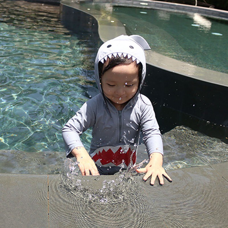 FashionOne Stuk Badpak Mode Jongens Meisjes Kids Lange Mouwen Cartoon Haai Hooded Strand Kinderen Badmode