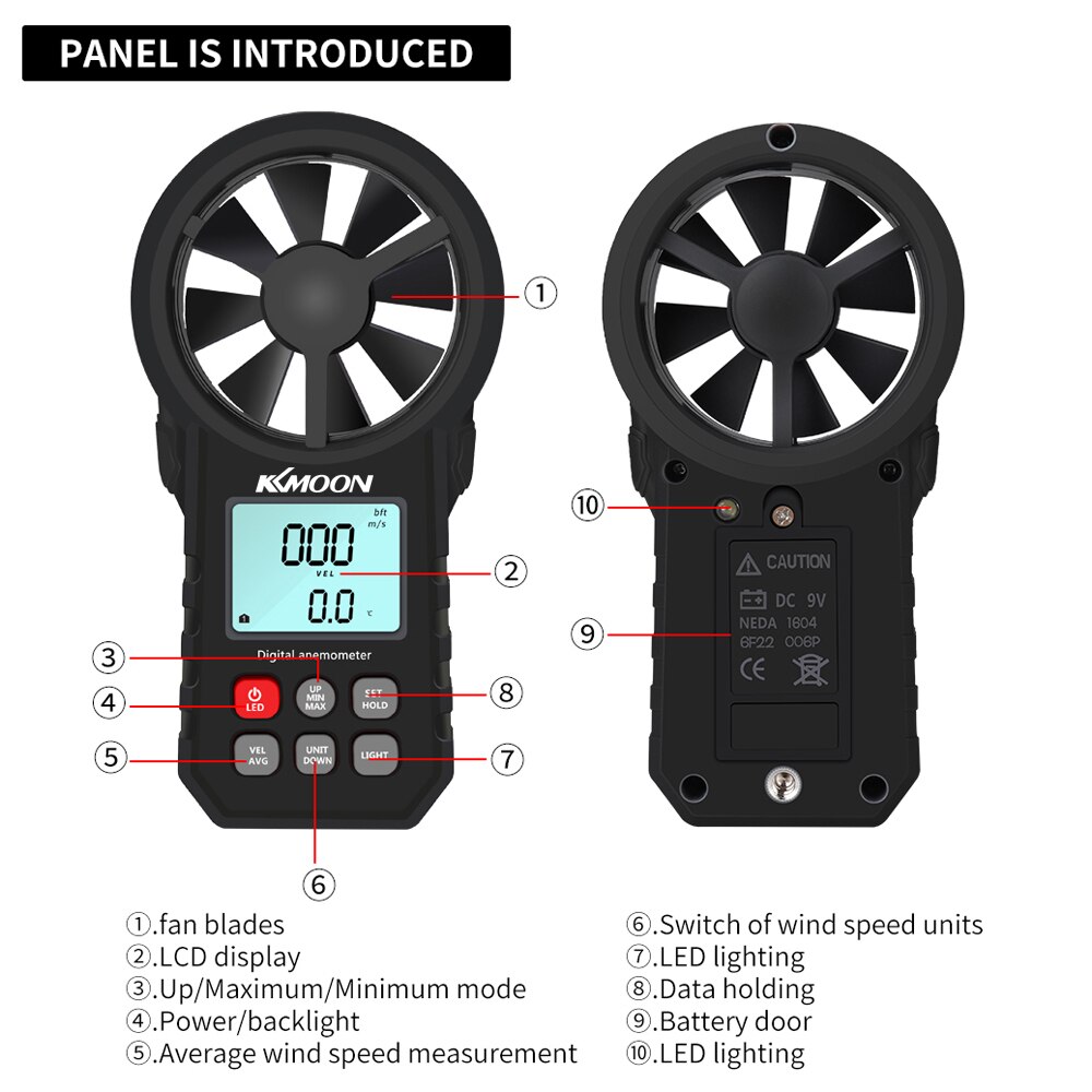 KKMOON Handheld Anemometer Portable Wind Speed Meter CFM Meter Wind Gauge with LCD Backlight Air Volume Temperature Wind Speed