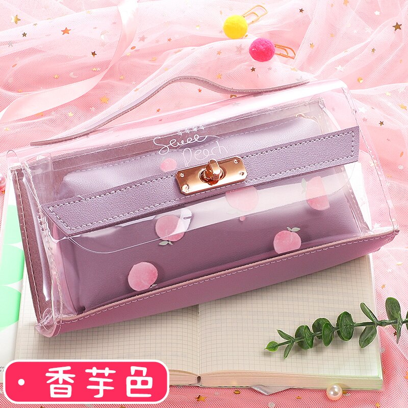 Storage Pen Case Handle Pencil Bag Transparent Pouch School Supplies Stationery Pencil Holder Rulers Organizer Pink Cosmetic Bag: light purple