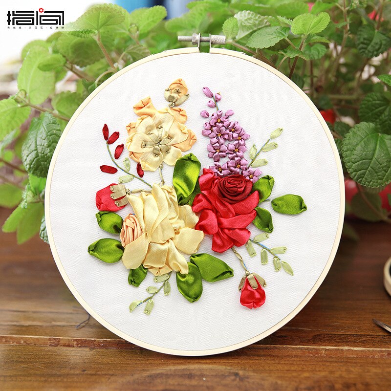 1 Pack Embroidery Flower Kit with Pattern+Instructions, Needlework DIY Beginner Stitch Kit Include 1 Embroidery Tools Hoop: D