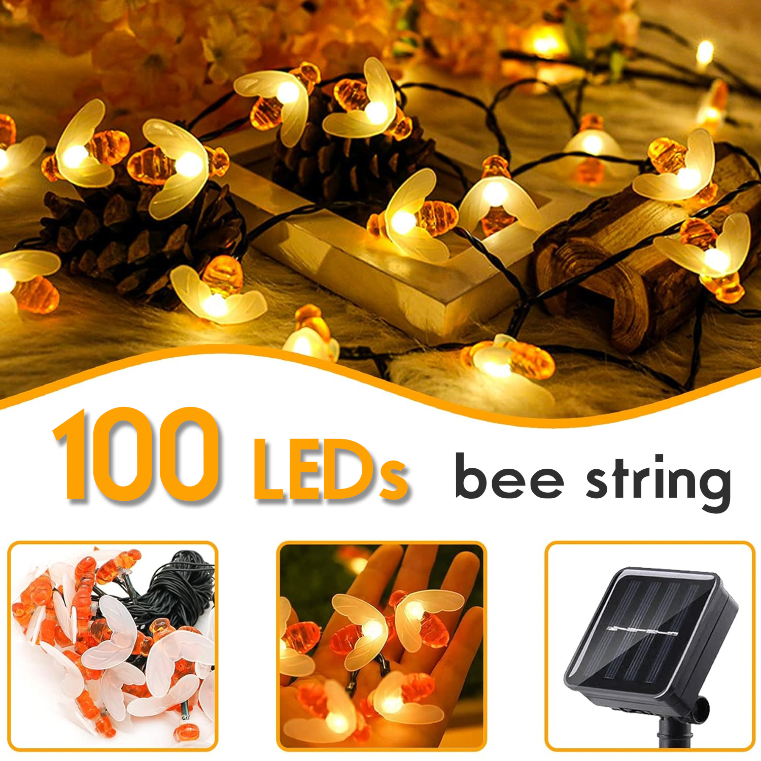 10 m 100 LED Solar- Biene Lichterketten draussen Gebühr Licht Weihnachten Girlande 8 Modi Wasserdicht Terrasse Garten Party Weihnachten Dekor