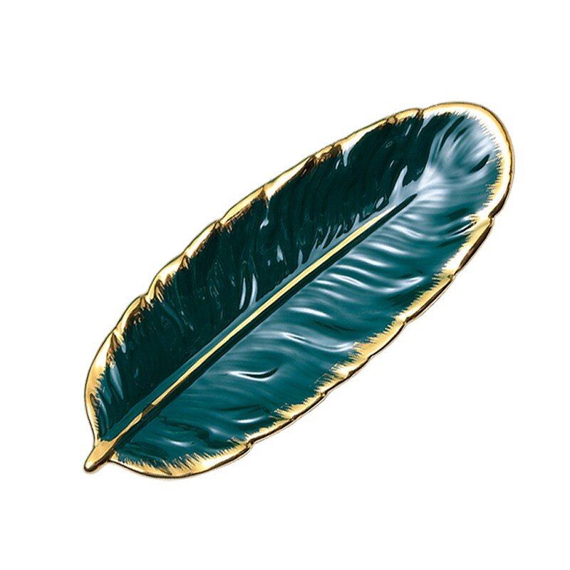 Nordic Light Luxury Gilt Edging Porcelain Dessert Plate Dark Green Feather Plate Japanese Banana Leaf Fruit Plate Dried Fruit