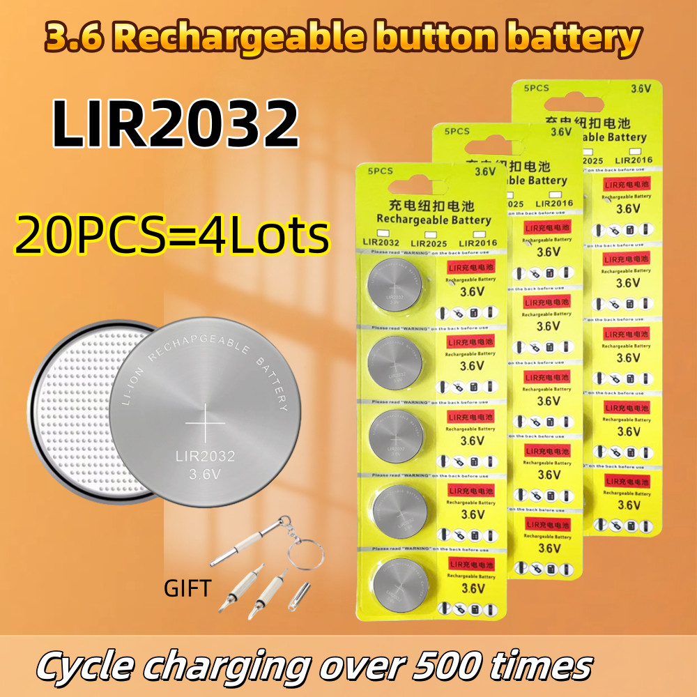2-50PCS LIR2032 Conveniently Rechargeable Battery 2032 Lithium charging Can Replace 3.6v 40mAH CR2032 for watches Coin Battery: WHITE