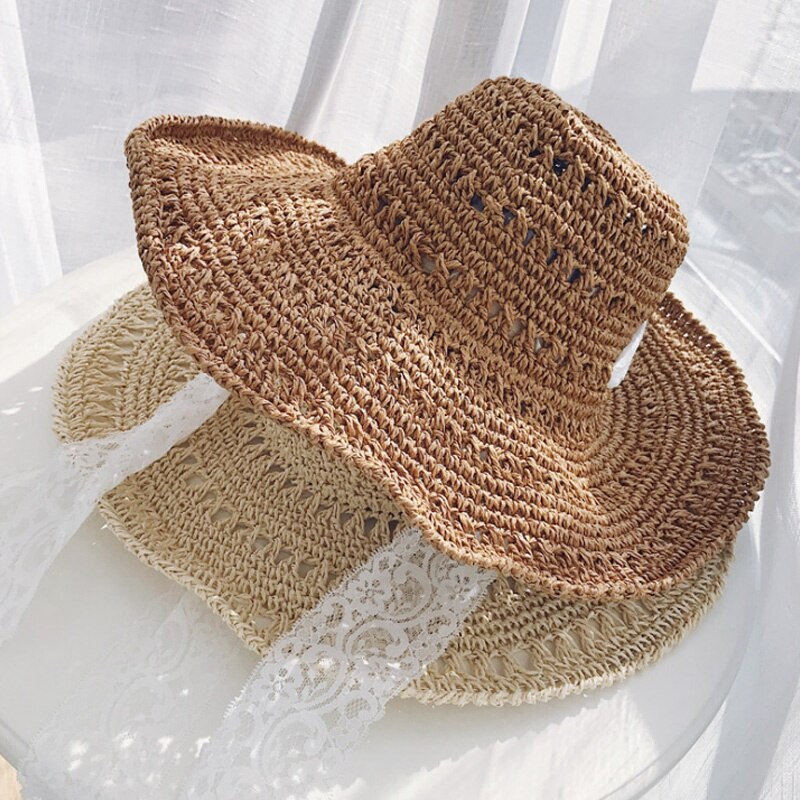 Zomerhoeden voor vrouwen stro zonnehoed dames meisjes kant lint strik strandhoed slappe dames reis opvouwbare