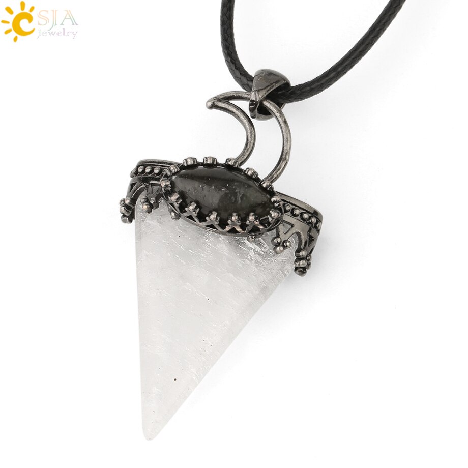 CSJA Natural Stone Triangle Pendant Necklace Antique Silver-color Crown Moon Labradorite Geometric Women Men Trendy Jewelry G324: White Crystal Chain