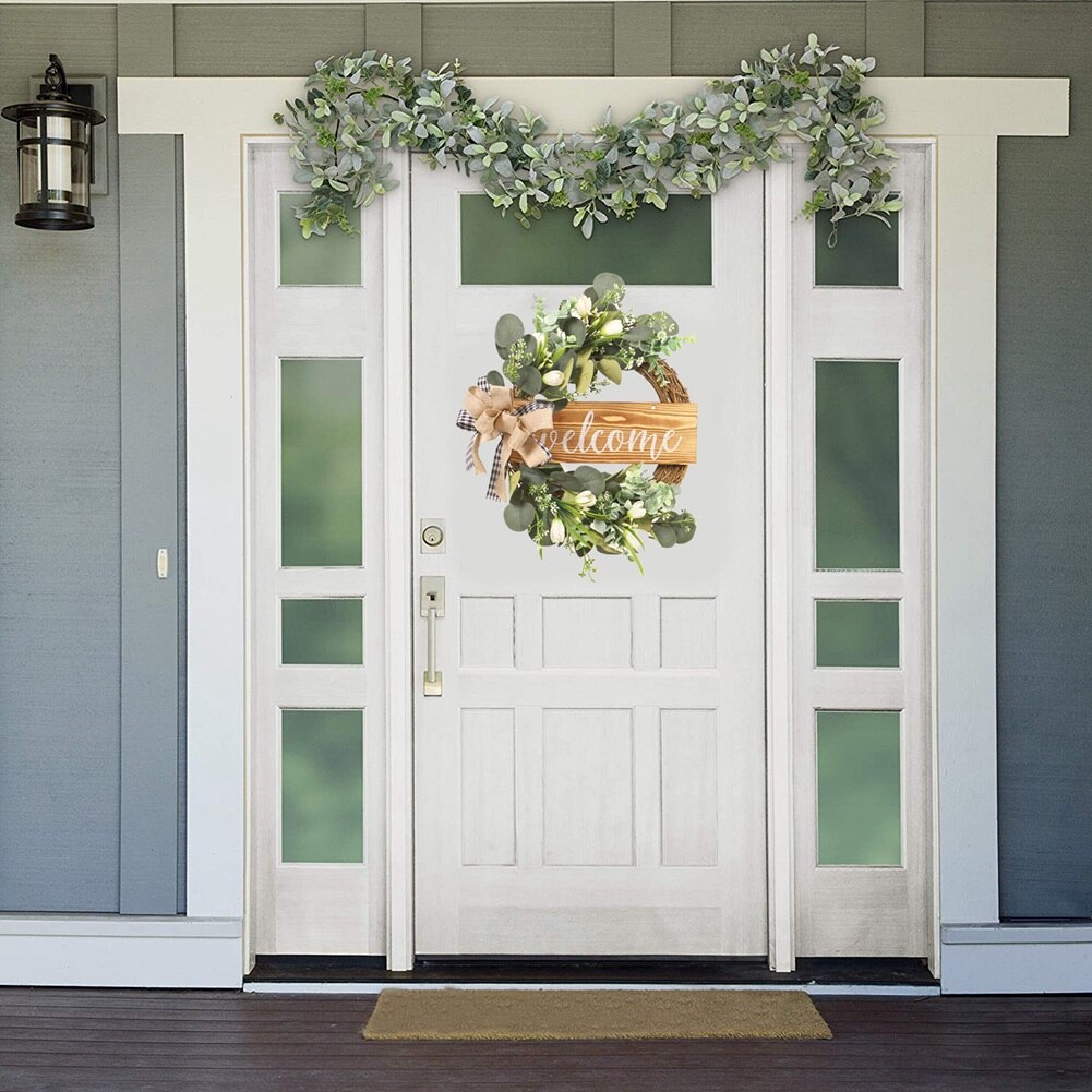 Couronne d'eucalyptus artificielle pour porte d'entrée, guirlande de feuilles de tulipe, signe de bienvenue, décoration de porche pour printemps et été
