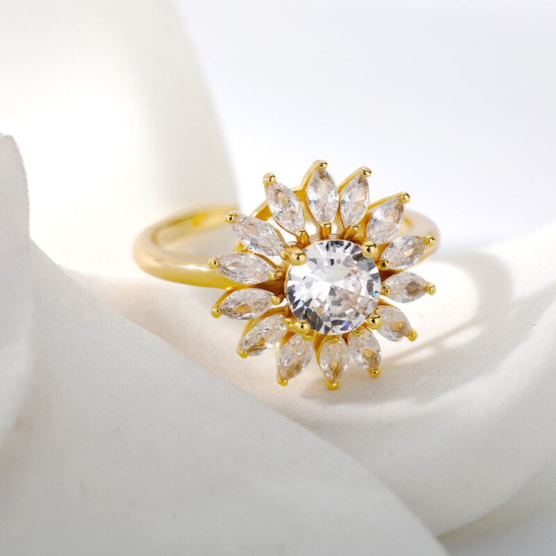 Icftzwe Zirkoon Bloem Ringen Voor Vrouwen Crystal Lotus Petal Opening Gouden Ring Esthetische Bruiloft Sieraden Bijoux Femme