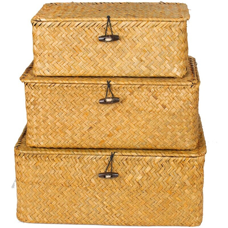 Woven Wicker Storage Bins with Lid - Set of 3 - Rectangular Seagrass Basket/Storage Basket For Shelf Organizer