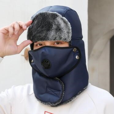 Chapeaux de bombardier thermiques en cuir pour hommes et femmes, Protection des oreilles, casquette de Ski, Protection du cou épaisse en velours pour vieil homme, hiver: Blue