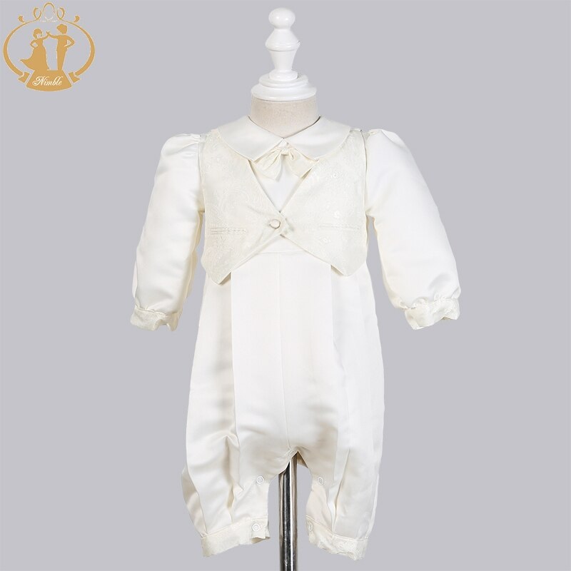 Newborn Baby Boy Baptism Outfits Clothes Cotton Broadcloth Single Breasted Solid Full Sleeve Set Bow Lace Christening Gown