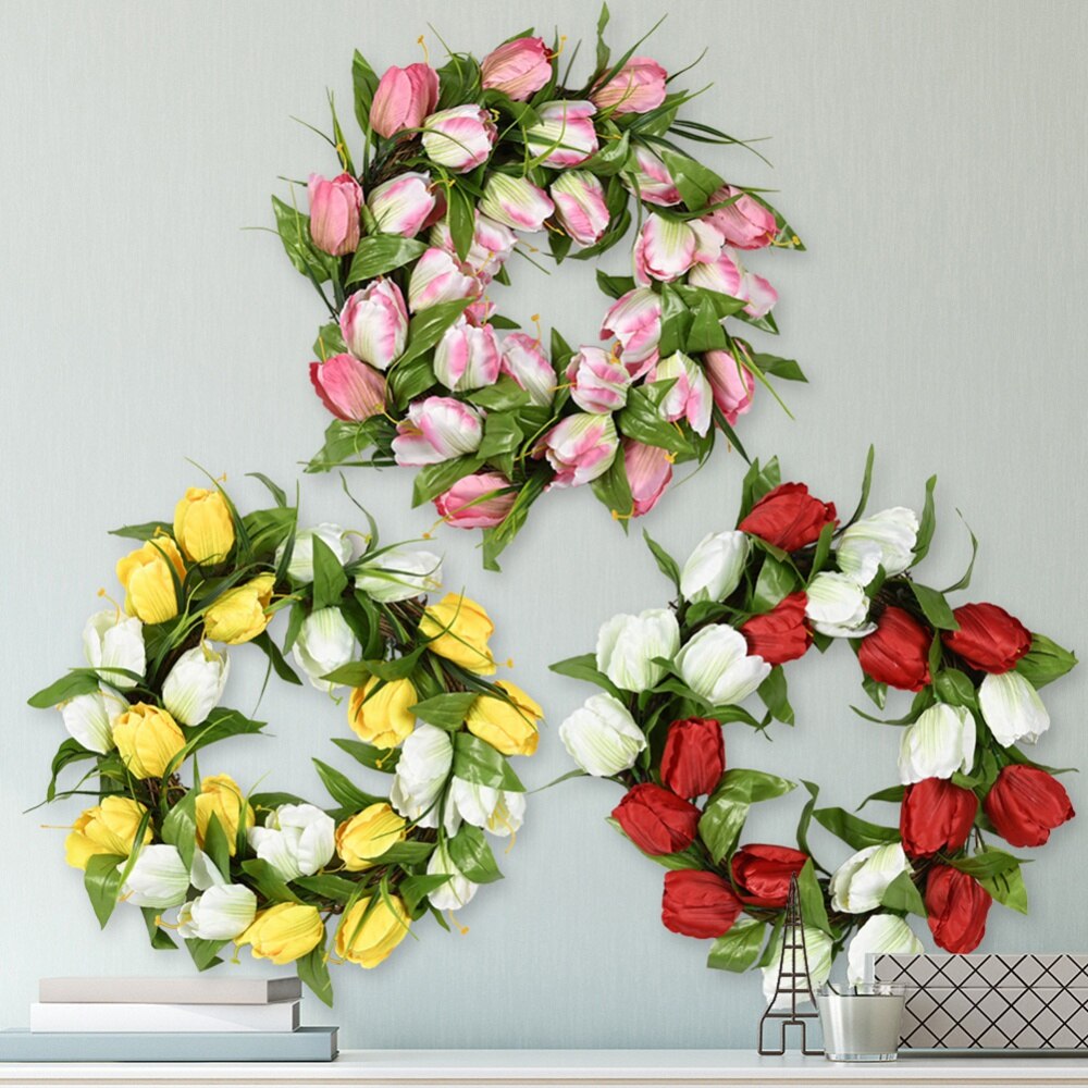 Spring and Summer Simulation Garland Porch Yard Wedding Wreath Tulip Forest Home Front Door Wall Rattan Circle Garlands Decor