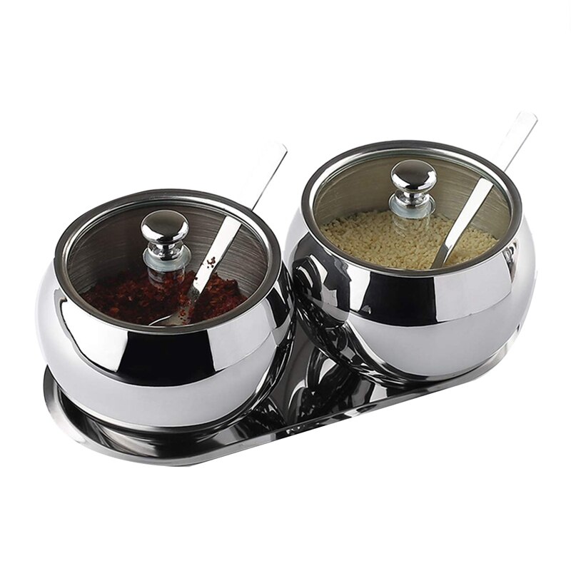 Sucrier avec couvercle et cuillère, 2 saladier inox Pots à épices ensemble Pots à condiments, argent