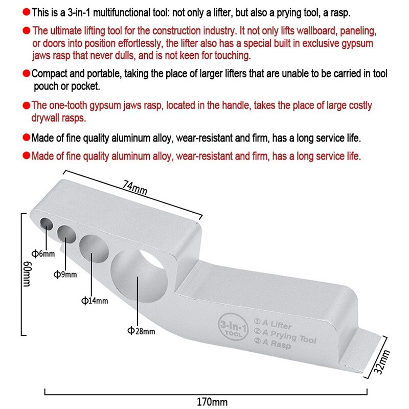 Top 3- i -1 multifunktionelt løftebånd værktøj rasp aluminiumslegering dørløfter gipsvæg gipspladeværktøj