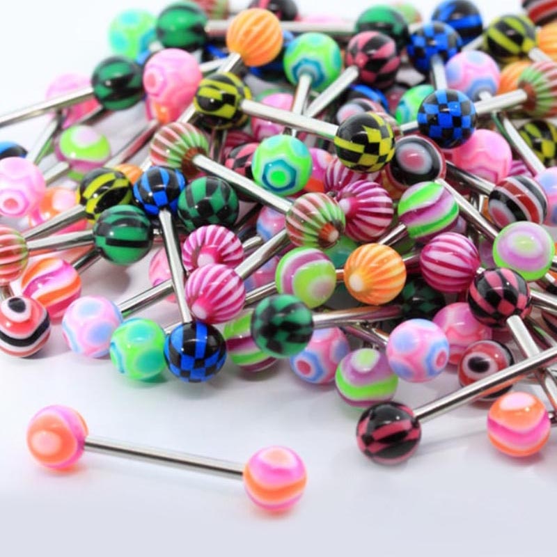 10/20/30/50/100 pcs Double Acrylic Ball Tongue Nipple Ear Rings Bars Barbell Plug Tunnel Body Piercing Jewelry Random Color @M23