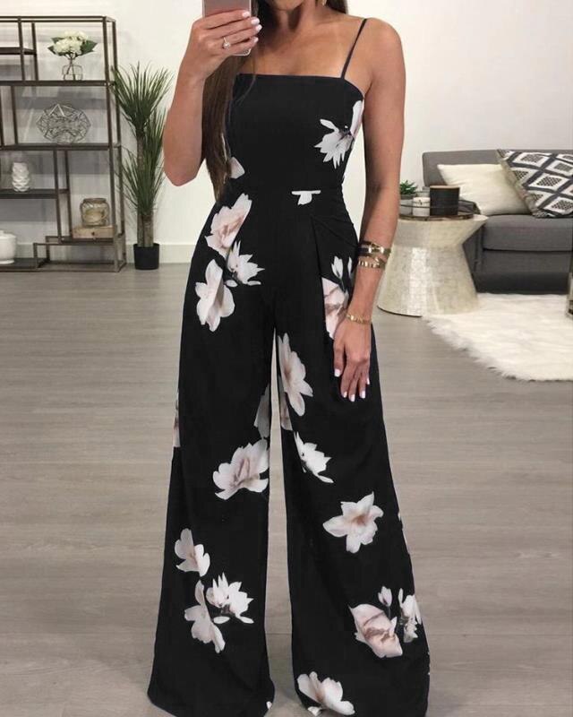 Dam sommar playsuit romper jumpsuit dam ärmlöst avslappnat blommönster: Svart / M