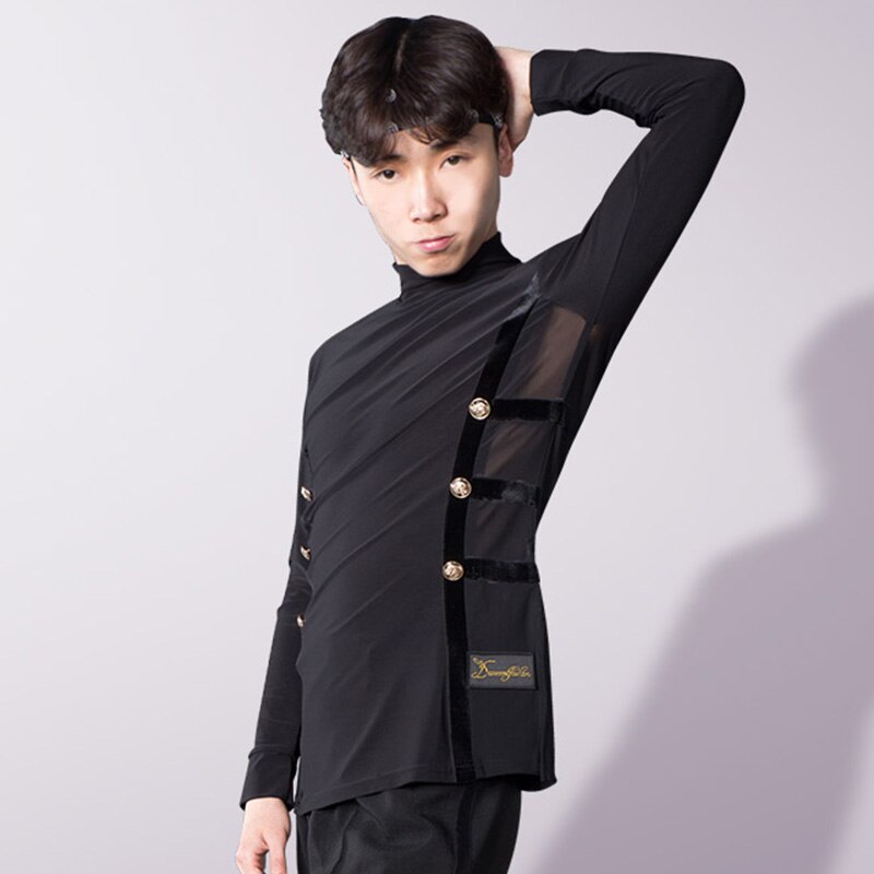 Latin Dance Shirts Men Black Long Sleeve High Collar Competition Performance Top Male Cha Cha Rumba Tango Samba Clothes DNV11737