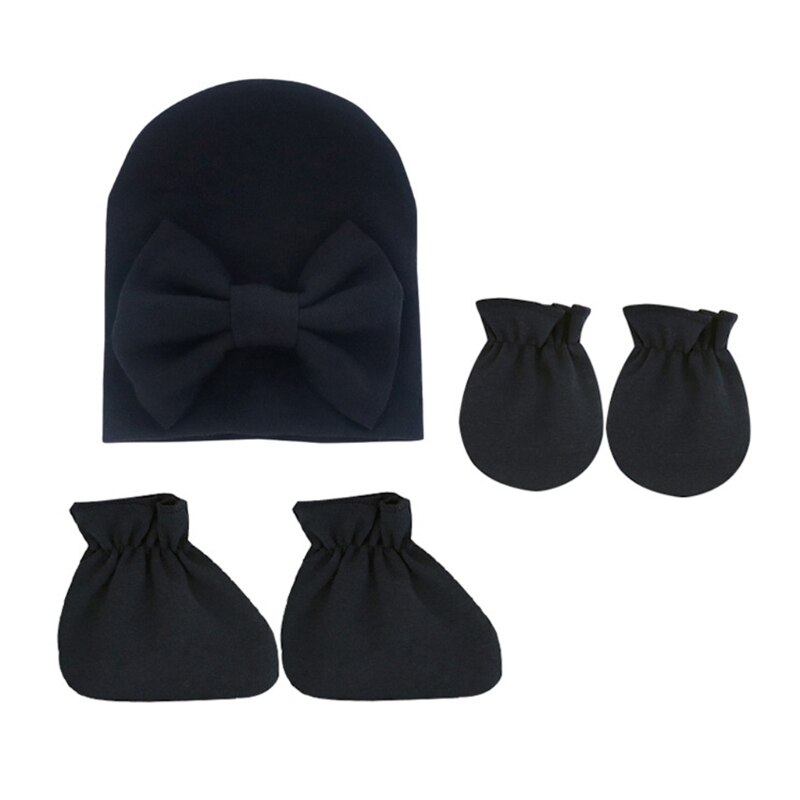 Baby Strik Hoed Geen Kras Handschoenen Voet Cover Set Zuigelingen Zachte Katoenen Wanten D5QA: Black