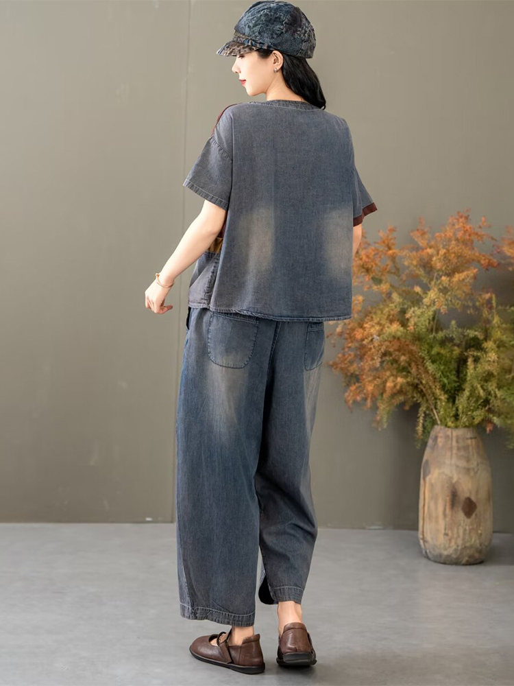 Mass wass sommarkostymer för kvinnor, denim, 2 -delat set, vintage, toppar och byxor, lösa t-shirts, casual jeans, broderi, outfits