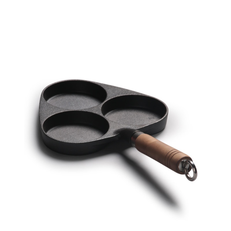 Uncoated Egg Dumpling Cast Iron Frying Pan Three-holes Frying Pan Wooden Handle Frying Pan