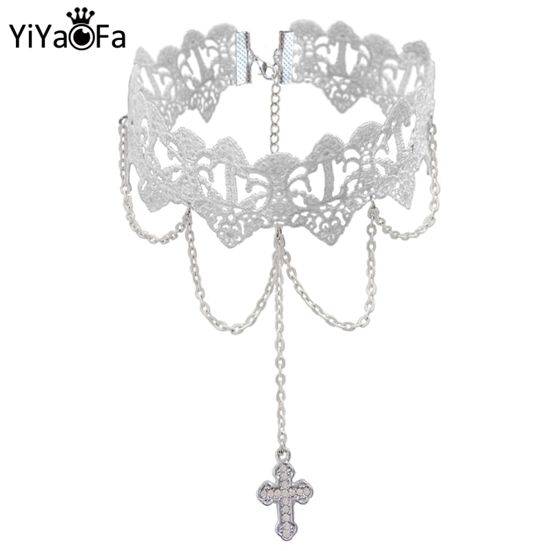 Yiyaofa vintage witte kanten ketting met kruishanger en choker voor dames, accessoires, gothic, dames, feestsieraden, kraag, gn -72