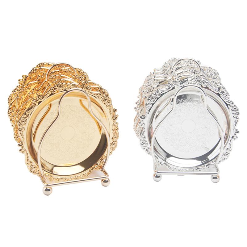 6PCS Mini Cake Dish Fruit Platter Dessert Plate Snacks Tray Decorative Tableware with Rack for Wedding Party Home (Golden)