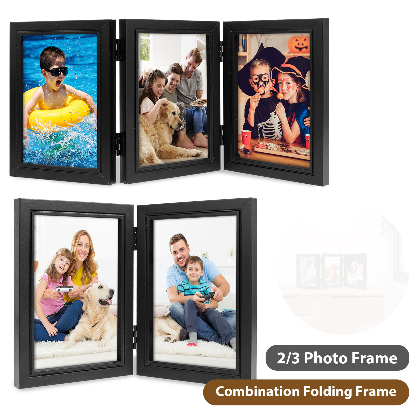 Double/Triple Photo Frame 180° Foldable Hinged Picture Frame Stand Vertically on Desktop Photo Frame with Glass Front Black