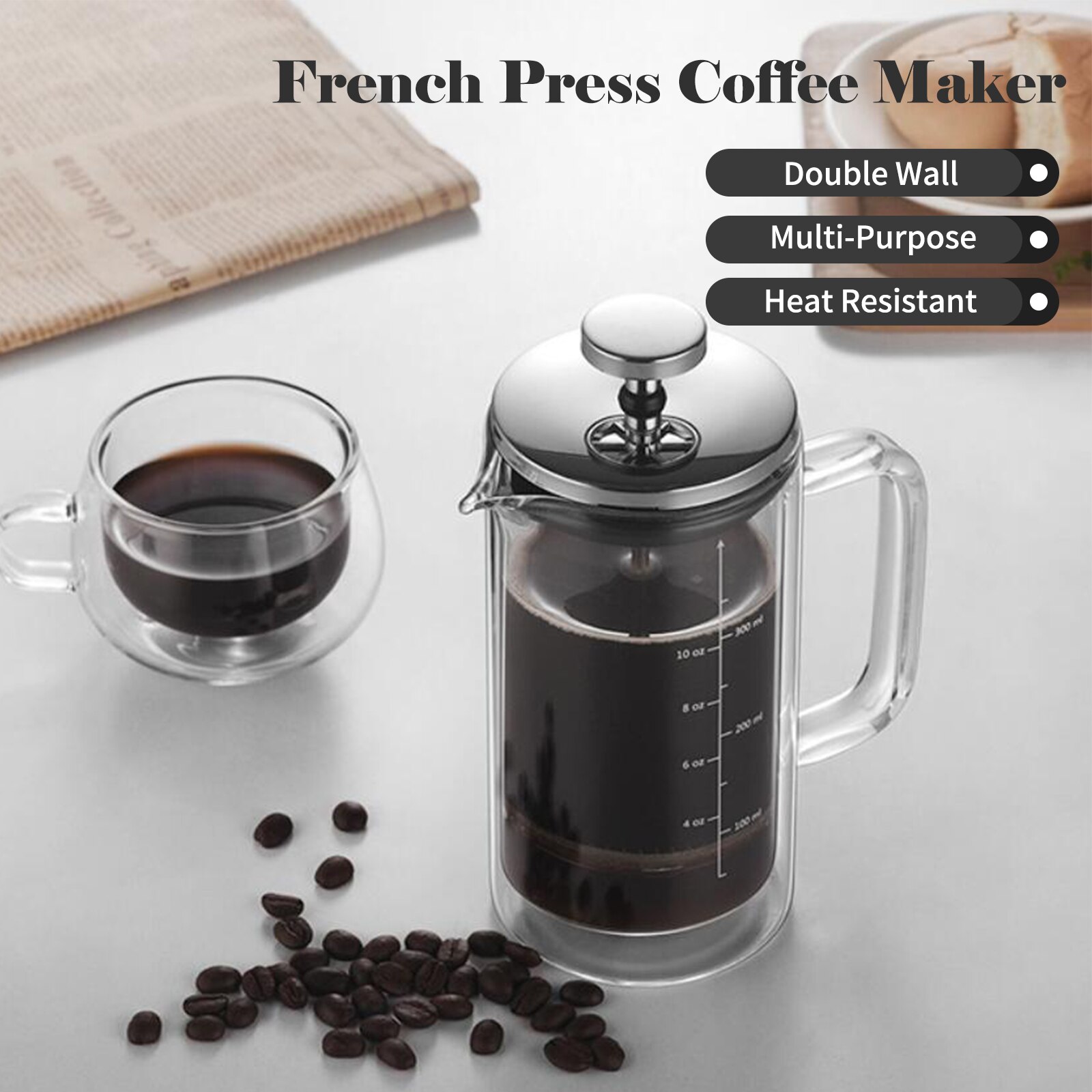 Cafetera francesa de doble pared, cafetera de vidrio de borosilicato resistente al calor, filtro de acero inoxidable de alta densidad, 20oz /10oz