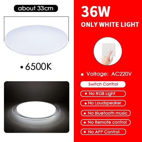 LED Ceiling Light Bluetooth RGB Smart Music Dimmable Lamp AC 220V 240V Living Room Home Decor Party 36W 40W APP Remote Control: only white-33cm